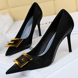 BIGTREE Shoes Red Green Black Woman Pumps Metal Square Buckle Women Heels Sexy Banquet Shoes Pointed Toe Stiletto Plus Size 43