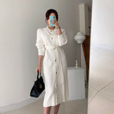 kamames Elegant O-neck Single-breasted Women Solid Sweater Dress OL Style Long Sleeve Belted Knitted Mid-length Dress Female