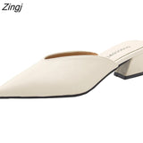 kamames Summer Fashion Women Pointed Toe Slipper Nude White Square Low Heels Outsides Ladies Slides Luxury Brand Beach Mules Shoes