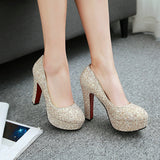 kamames New Style Sexy Sequined Platform Shoes Female Square High Heels Pumps Slip On Party Wedding Shoes Women
