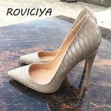 kamames snake printing stilettos 12cm high heels pointed toe women pumps extreme party wedding shoes plus size 33 45 QP063 ROVICIYA