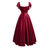 kamames Burgundy Party Dress Floral Lace Long Women Short Sleeve Ruffle Elegant Red Blue Black Casual Maxi Date Satin Vestidos