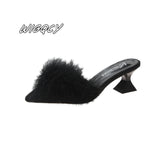 kamames new women's set toe-shaped non-slip high heels fashion rubber bottom elastic cloth summer shallow fur shoes