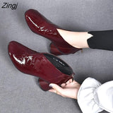 kamames Women's Short Boots Casual Thick Heels Shoe High Heels Round Toe Rear Zipper Leather Boots All-match British Style Women's Boots