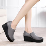 GKTINOO 2021 Wedges Women Shoe Spring Autumn Slip-On High Heels Round Toe Genuine Leather Casual Ladies Platform Shoes Woman