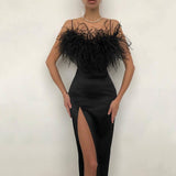 kamames Sleeveless Bodycon Long Vest Dress Spring Summer Fashion Women Dresses Elegant Feather Patchwork Sequins Solid Party Dress