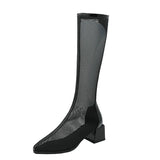 kamames Beige Women Knee High Boots Fashion Zipper Breathable Mesh Boots Sexy Hollow Chunky Heel Long Boots Summer Shoes