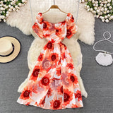 kamames Vintage Women Printed Dresss Sexy Square Collar Short Puff Sleeve High Waist A-Line Vacation Beach Vestidos Female New