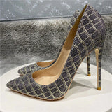 kamames Plaid 12cm pumps stiletto shallow pointed toe sexy shoes party nightclub women shoes 8cm 10cm high heel BM040 ROVICIYA