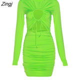 kamames Sexy Hollow Out Drawstring Women Dress Green Long Sleeve Ruched Mini Dress Female Autumn Skinny Fashion Streetwear 2022