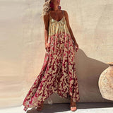 kamames Sexy V-Neck Spaghetti Strap Long Dresses Fashion Women Pattern Printed Bohemian Dress Vintage Loose Swing Holiday Dress