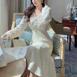 kamames Long White Dress Women French Vintage V-neck Lace Slim Y2K Dress Spring Korean One Piece Casual Evening Party Dress 2023