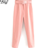 kamames Sale New Women candy color pants red pink color chic sashes business Trousers female fake zipper pantalones mujer pants P953
