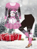 Two-Piece Snowman Print Casual Outfit - Women's Pantsuits with Crew Neck Long Sleeve T-shirt & Skinny Leggings - Comfortable Winter Clothing for Ladies