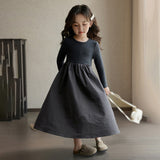 kamames Autumn Kids Girls Beige Grey Simple Casual Patchwork Princess Elegant Long Sleeve Dresses Korean Style