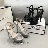 kamames kamames Summer Sequins With Ultra High Heel Transparent Bottom Crystal Thick Heel Women's Single Shoes Sandals Wedding Bridesmaid Moon Shoes