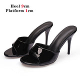 kamames Summer Slippers Women Shallow Solid Color One word with Home Sandals Beach Shoes Sexy High Heels 7cm Thin Heels Pu Women Shoes