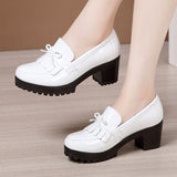 kamames And Autumn Lace-Up Small Leather Shoes Yinglun Style Thick Heels New Style Medium Heels Casual Large Size 40-43 Women's Shoes
