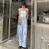 Zingj Y2K Tie Dye Tulle Sheer Dress Women Sexy Spaghetti Strap Midi Dress Streetwear Harajuku Mesh See Through Loose Sundress