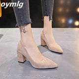 kamames Women Pumps Flock Sweet Thick High Heels Female Sexy Office Pointed Toe Dress Work Pump Cute Shoes Ladies Footwear