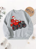 Boys' Cozy Fleece-Lined Christmas Sweatshirt with Santa & Truck Print - Casual Long Sleeve Pullover for Fall/Winter