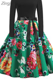 kamames Print Vintage Women New Spring Elegant Party Long Sleeve Casual Black Patchwork Midi Dress