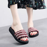 3cm Heel Colored Pearl Women Slippers  Flat Bottom Flip Flops Seaside Holiday Beach Shoes Outside Non-Slip Slides flower Slipper