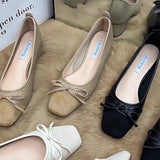 kamames Tie Shallow Mouth Single Shoes Women's Thick Heels 2024 Spring And Autumn New Style Square Head Middle Heel Grandma Shoes High Heel Work Shoes