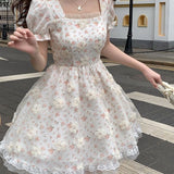 kamames Mini Dresses Women Tender Sweet Summer Puff Sleeve Princess Vestidos Elegant Ladies Vintage Prairie Chic Fashion Casual