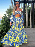 Zingj Summer Two Pieces Maxi Dress For Women Halter Lace Up Tops And Retro Floral Print Long Skirt Ruffled Holiday Beach Dresses