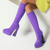 kamames Fashion Women Knee High Boots Platform Square High Heel Long Boots Autumn Winter Pointed Toe Stretch Lady Shoes