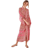 kamames Tropical Printed Reddish Orange Ankle Length Beach Wear Kimono Dress Fashion Women Swimwear Chiffon Tunic pareos Q590
