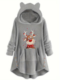 Women's Casual Christmas Reindeer Print Long Sleeve Teddy Hoodie with Kangaroo Pocket, Button Front Sweatshirt