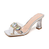 kamames Slippers Women Wear 2024 New Square-Headed Crystal Thick Heels Transparent Sexy High-Heeled Shoes Temperamental Sandals