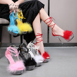 kamames Shuzumiao Women's Sandals 2021 Summer New Waterproof Platform Transparent Fur High Heels Cross Straps Thin Heel Pole Dance Shoes