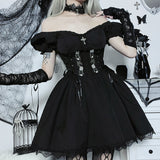 kamames Cross Print Strap Shoulder Lace Spliced Dress Dark Sexy Slim Princess Dress