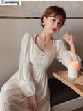 kamames Summer New Women Fashion Elegant White Midi Dresses Vintage Princess Female Party A Line Clothes Vestdios