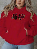 Cozy Plus Size Christmas Letter Print Hoodie - Casual Long Sleeve with Pockets, Perfect for Fall & Winter, Women's Fashion