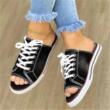 kamames summer open-toe fish mouth denim lace-up shoes casual flat shoes ladies large canvas slippers