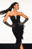 kamames Yamia Strapless Feather Sequin Maxi Dress