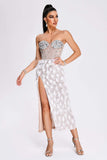 kamames Mylie Strapless Diamonate Feather Midi Dress