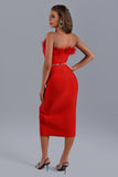 Kamames Dana Feather Slit Midi Bandage Dress - Red