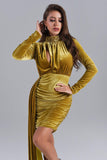 kamames Brinley Blue Velvet Drape Dress - Gold