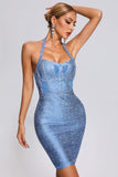 kamames Halter Black Metallic Bandage Dress - Blue