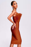 kamames Parry Feather Strapless Midi Bandage Dress - Tan