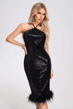 kamames Eiman Halterneck Sequin Feather Midi Dress