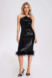 kamames Eiman Halterneck Sequin Feather Midi Dress