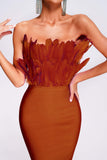 kamames Parry Feather Strapless Midi Bandage Dress - Tan