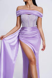 kamames Colia Diamante Mesh Corset Satin Maxi Dress - Purple