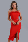 Kamames Dana Feather Slit Midi Bandage Dress - Red